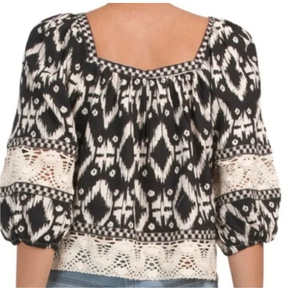 Christian Siriano Boho Ikat & Crochet Lace Insert Top Linen Black Ivory size XL - Picture 2 of 10